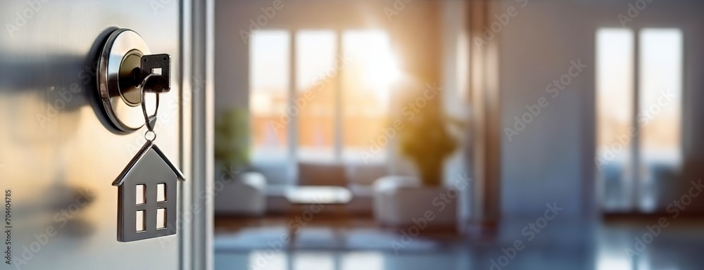 custom made wallpaper toronto digitalKey with house shaped keychain in door lock with a modern living room in background, real estate concept. Modern country private house. Moving home or renting property.
