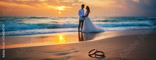 A couple celebrating Valentine's Day on romantic sandy beach at sunset. Symbol of engagement, wedding rings glistening in the sand foreground. Maldives luxury resort background.
