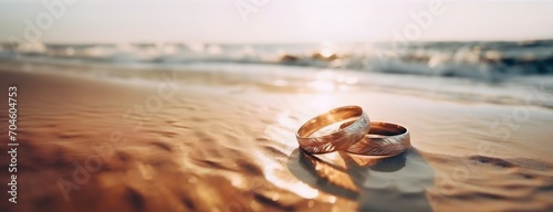 Golden wedding rings on sandy beach with gentle sea waves at sunset. Ocean background. Panorama with copy space.