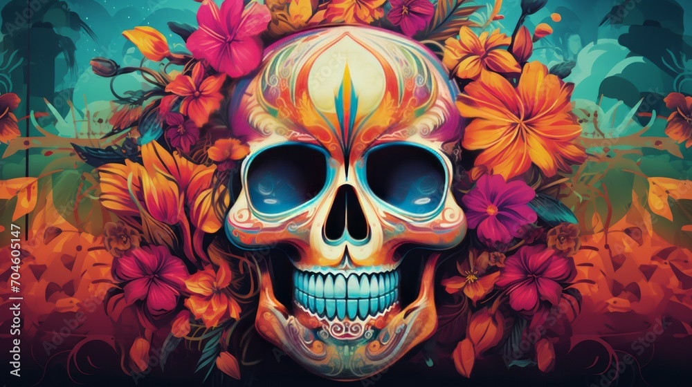 A Painting of a Skull With Flowers Around It