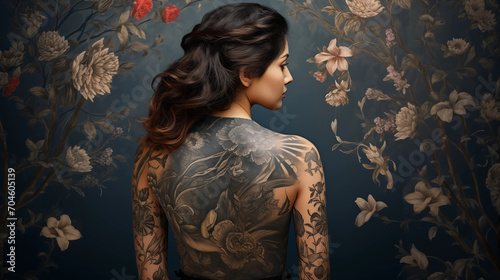 Sinnliches Portrait einer Frau mit botanischer Tätowierung auf dem Rücken, vor floralem Hintergrund. Illustration photo