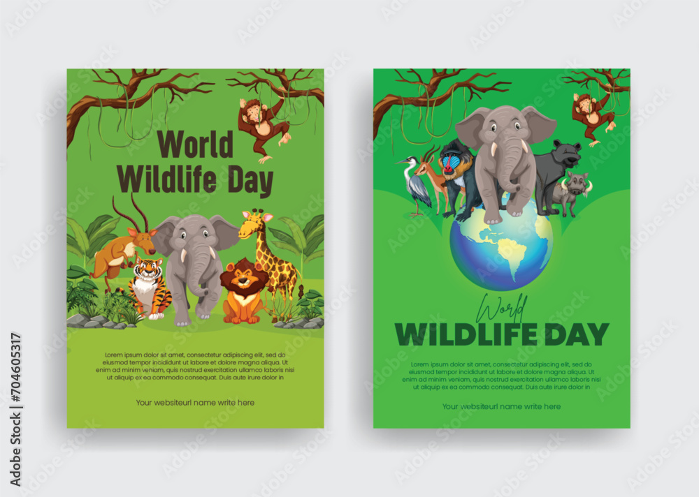 Flat vector animal forest cartoon illustrationwith 3d globe background for World wildlife day and animals day print flyer or poster print template