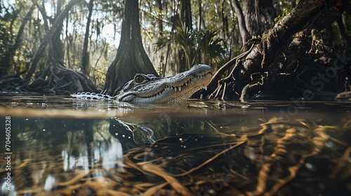 Majestic Alligator Merely Swimming in a Natural Habitat 