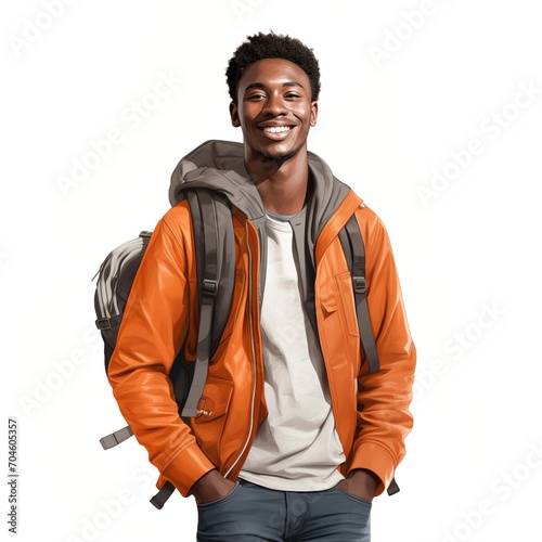 portrait of a smiling young african american man wearing an orange jacket