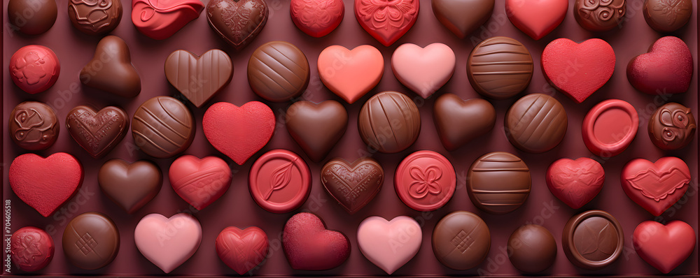 Valentine's Day background. top view heart shape chocolates. Dessert  sweet hearts, red and pink.  - obrazy, fototapety, plakaty 