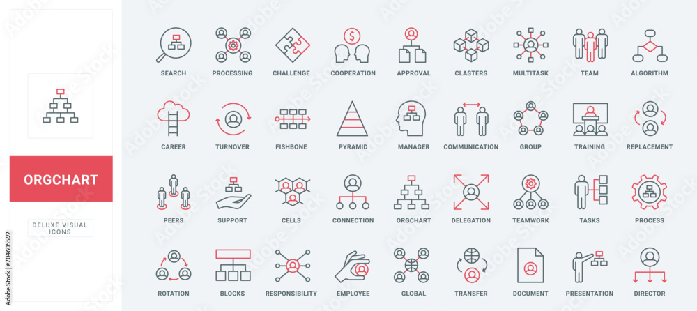 Structure and hierarchy of corporate company, org chart line icons set. Leadership pyramid, communication between groups and teams thin black and red outline symbols, organogram vector illustration - obrazy, fototapety, plakaty 