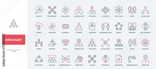 Structure and hierarchy of corporate company, org chart line icons set. Leadership pyramid, communication between groups and teams thin black and red outline symbols, organogram vector illustration photo