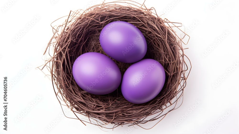 Top View of purple Eggs in a Nest on a white Background. Easter Template with Copy Space Top View of purple Eggs in a Nest on a white Background. Easter Template with Copy Space