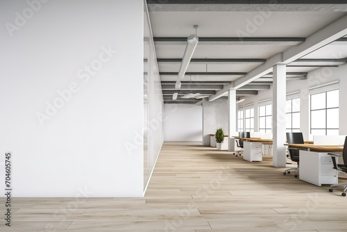 Modern office interior with empty white wall