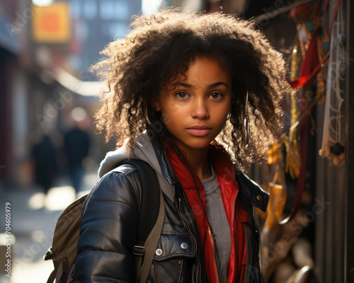 A stylish young woman with wild curls and a fierce leather jacket stands confidently on the city streets, embodying both fashion and strength in her urban surroundings