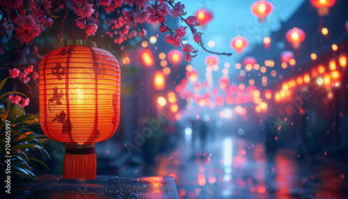 Paper red lanterns with Blur lights in the Asian city in the background. Celebration of chinese new year. Copy space. Banner © MarijaBazarova