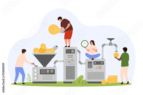 Conversion of business creative ideas into money using marketing sales funnel. Tiny people work with pipe generator machine with filter to convert light bulbs into coins cartoon vector illustration photo