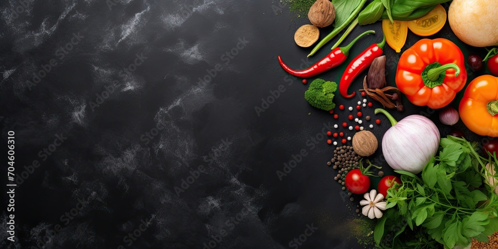 Top view of fresh vegetables, herbs, and spices on a black stone table, with space for text. Top view of fresh vegetables, herbs, and spices on a black stone table, with space for text.