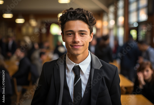 A distinguished gentleman exudes confidence and charm as he stands indoors wearing a sharp suit and tie, his dress shirt and blazer complementing his suave smile and impeccable style