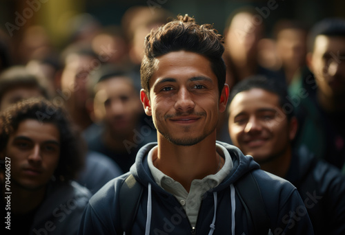 A youthful man stands out in a crowd, exuding warmth and confidence as he smiles at the camera, his facial hair and stylish clothing adding to his charming human appeal