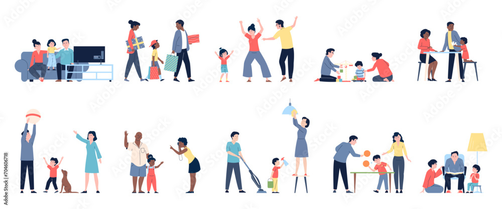 Family activities at home and outside. Parents and child watch tv, play ping pong and ball, dancing and doing cleaning. Recent vector characters
