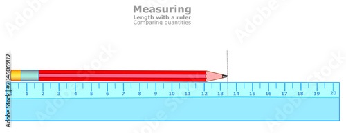Measuring length. Comparing quantities. Objects using ruler. Distance, pen displacement locations. Transparent ruler, pencil measure baseline. Science educational. Math, geometry. Vector illustration photo