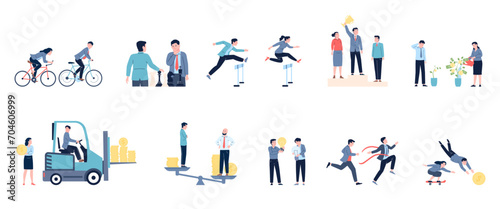 Business competition. Corporate struggle and competitions with colleagues. Leadership, salary gap and office team enmity, recent vector scenes
