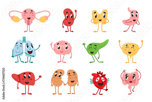 Cute internal organs. Funny lungs, liver and brain, stomach and heart in love. Childish book organ character, adorable mascots classy vector set