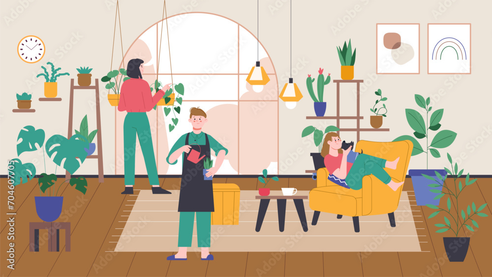 Urban jungle at home. Young people caring greens in pots. Friends spend time at winter garden or greenhouse, splendid vector cartoon scene