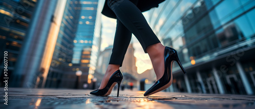 Determined businesswoman in sleek high heels strides through the corporate district, exemplifying the dynamic pace of city life against an urban backdrop.