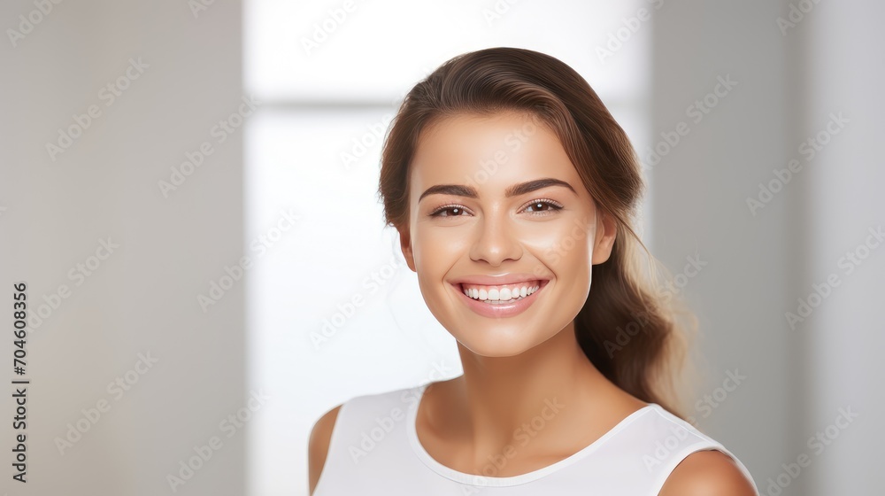 A fresh-faced woman exhibits an impeccable, wide smile, emphasizing excellent white teeth—an image that sells the essence of dental health