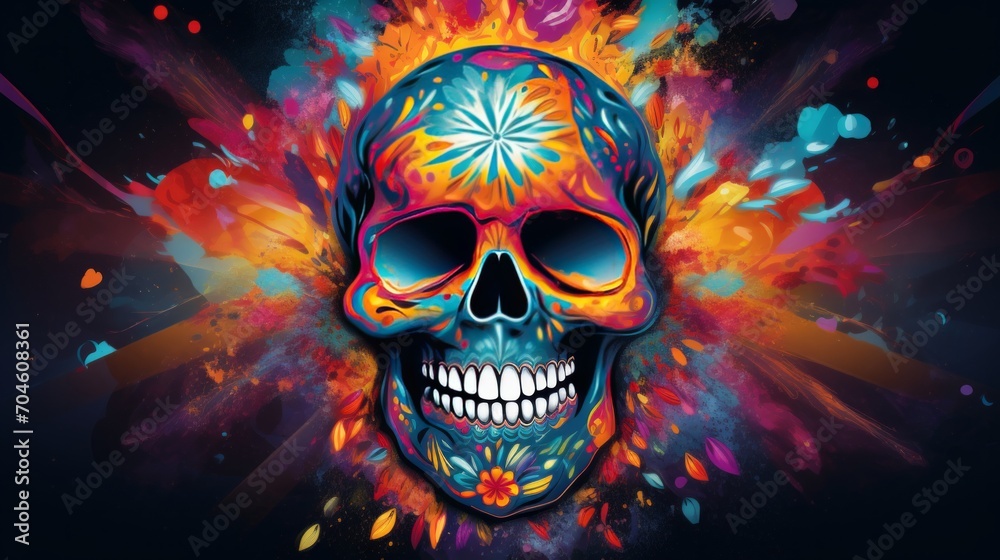 A Colorful Paint-Splattered Skull