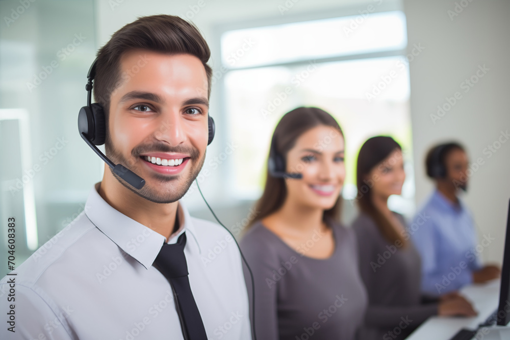 Portrait of a call center worker accompanied by his team. Smiling customer service operator at work. Portrait of a call center worker accompanied by his team. Smiling customer service operator at work.