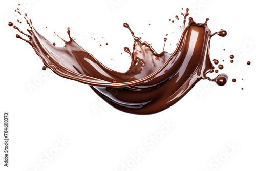 Food photography. Splash of liquid brown chocolate with splashing drops, on a transparent background