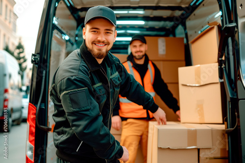 workers unloading boxes from a van outdoors. Moving, mover services and moving concept. Two young handsome smiling workers in uniform are unloading a van full of boxes.