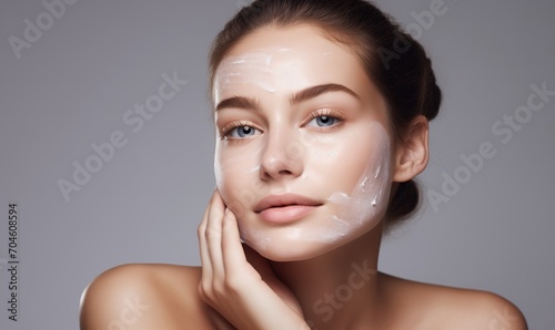 portrait of woman with skin and makeup, cream on face 