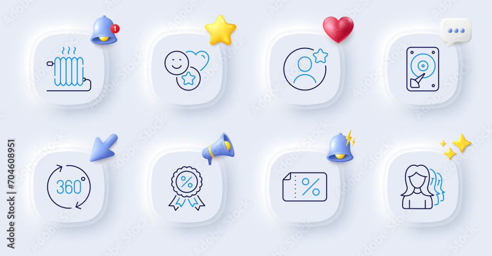 Women headhunting, Discount banner and 360 degrees line icons. Buttons with 3d bell, chat speech, cursor. Pack of Discount medal, Hdd, Best friend icon. Smile, Radiator pictogram. Vector Women headhunting, Discount banner and 360 degrees line icons. Buttons with 3d bell, chat speech, cursor. Pack of Discount medal, Hdd, Best friend icon. Smile, Radiator pictogram. Vector