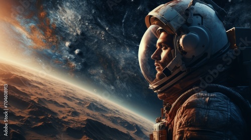 Astronaut against the backdrop of the earth in space. Neural network AI generated art