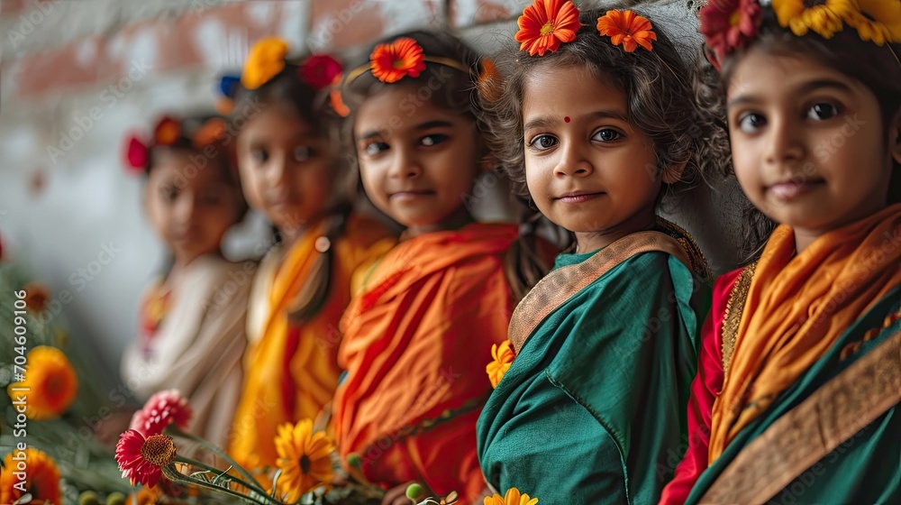Fototapeta premium Indian girls in a row, dressing with traditional sari.
