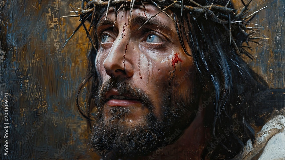Portrait,  Jesus of Nazareth with the thorn crown, suffering punishment. - obrazy, fototapety, plakaty 