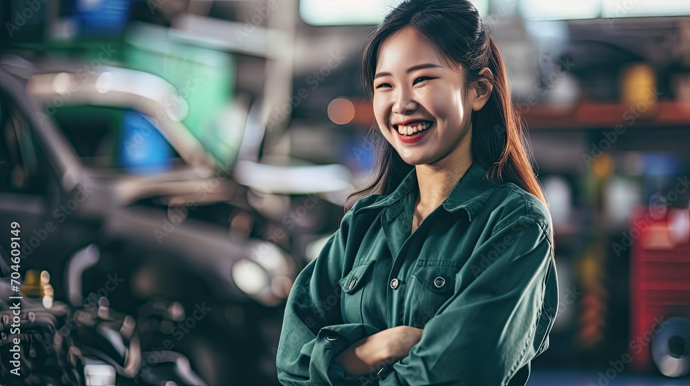 Korean mechanic posing happily inside the workshop. Korean mechanic posing happily inside the workshop.