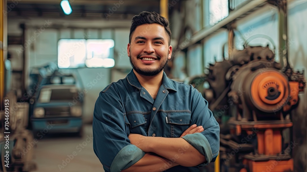 Fototapeta premium Spanish man as a mechanic posing happy inside the workshop.