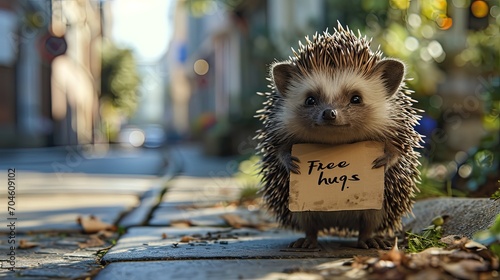 Tableau sur toile Cute porcupine with open arms, carrying a sign with the words Free Hugs written on it