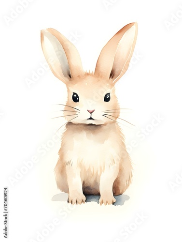 Watercolor Drawing of a beige Bunny on a white Background. Easter Card Template with Copy Space
