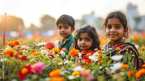 Indian kids in a field with flowers.
