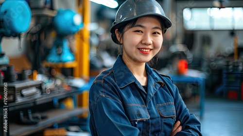 Korean mechanic posing happily inside the workshop. © MiguelAngel