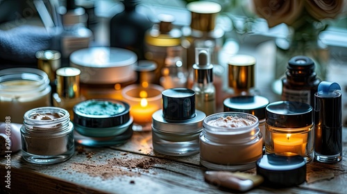 Jars with creams, powders and makeup utensils. photo