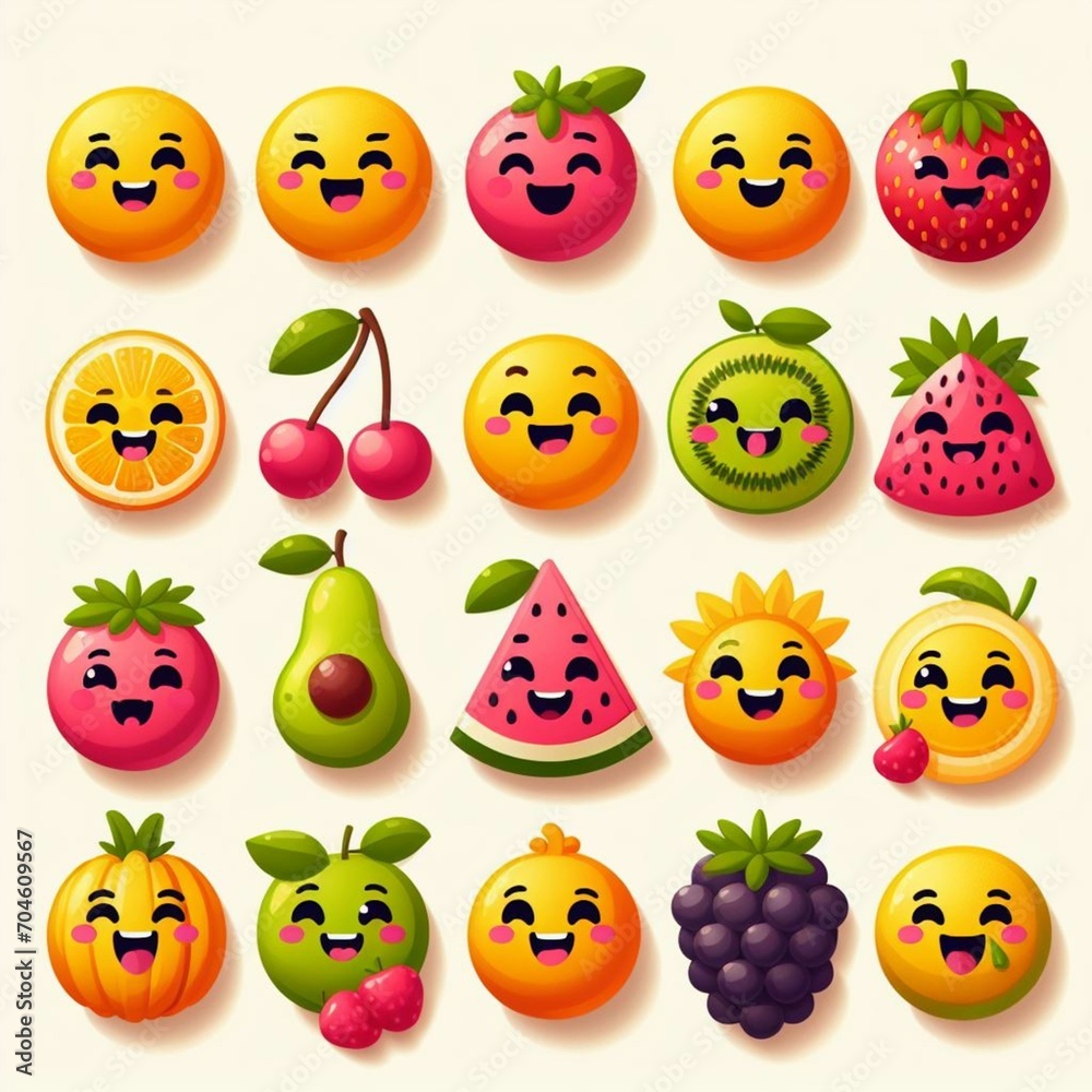 Emojis o emoticonos divertidos de frutas y verduras, alimentación sana ...