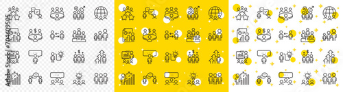 Conference, seminar, classroom. Meeting line icons. Team, work and business idea icons. Discussion, classroom job, people management. Presentation, office meeting, consultation. Vector