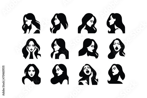 set of black and white of stylized woman. woman  illustration with different facial expression