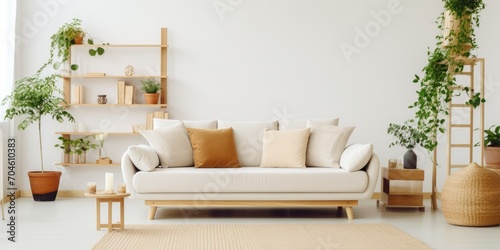 Stylish home decor with Scandinavian and cozy living room featuring a beige sofa  pillows  side tables  plants  bamboo ladder  carpet  and personal accessories.