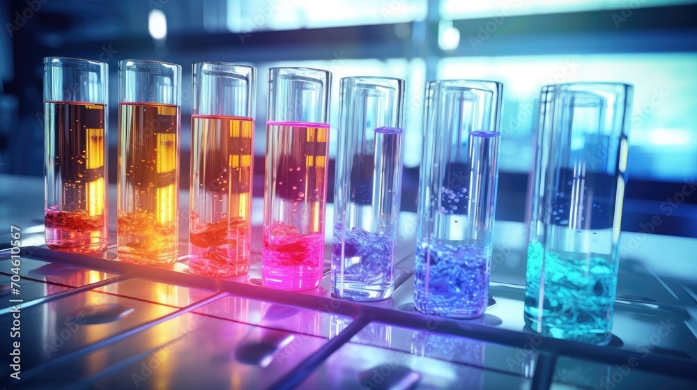 Glass test tubes with liquid in a chemical lab, epitomizing the ...