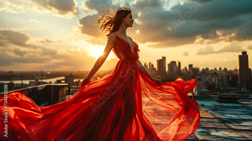 Portrait of a woman in dress - Urban Elegance: High Fashion Couture on a Rooftop Runway