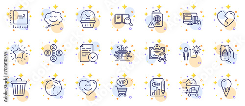 Outline set of Smile chat, Last minute and Search book line icons for web app. Include Business idea, Video conference, Quiz pictogram icons. Food app, Trash bin, Vip shopping signs. Vector