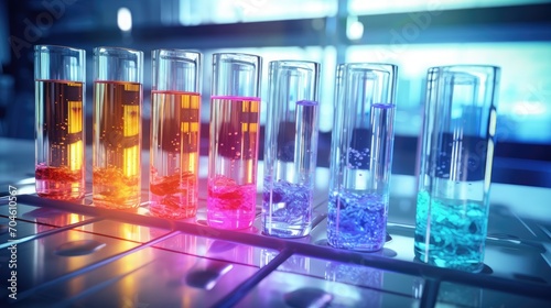 Glass test tubes with liquid in a chemical lab, epitomizing the meticulous quality check in petroleum refining—an image that sells the essence of industrial accuracy for stock excellence